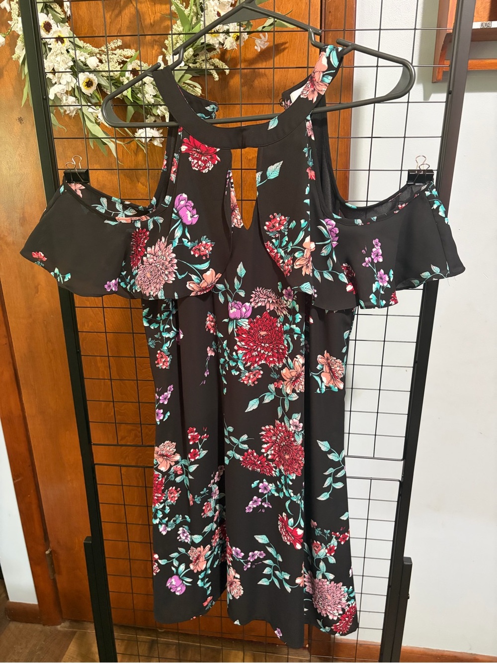 Candie's Black Floral Cold-Shoulder Dress with Multicolor Blooms